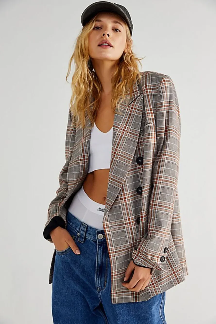 Free People Ashby Black Orange Plaid Button Front Oversized Blazer Womens XL